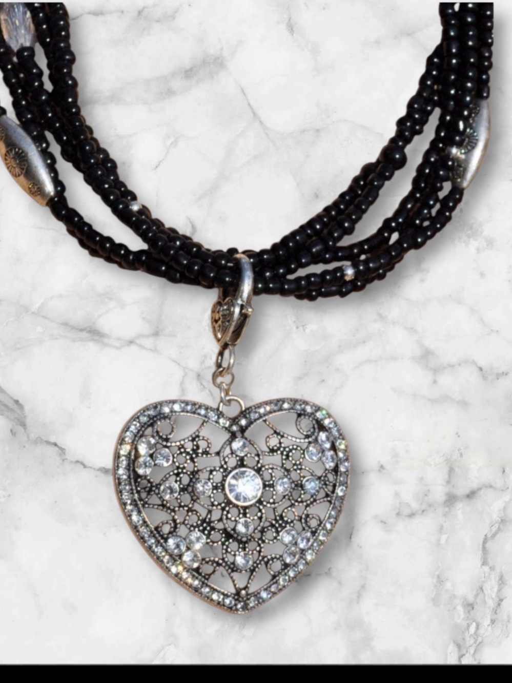 Multi Strand Black,Silver & Crystal Necklace w Silver & Crystal Heart NWT